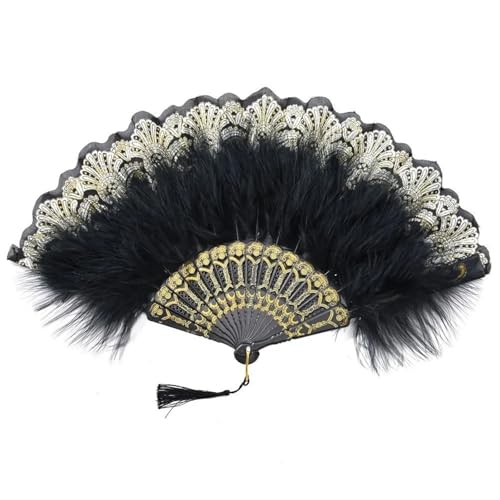 Schwarzer Federfächer mit goldenem Rand, Faltfächer im Vintage-Stil, bestickter Faltfächer for Hochzeitskostüme und Tanzgeschenke Für Kostüm Halloween Tanzshow Tee Party Schwarzer Federfächer mit goldenem Rand, Faltfächer im Vintage-Stil, bestickter Faltfächer for Hochzeitskostüme und Tanzgeschenke Für Kostüm Halloween Tanzshow Tee Party von WEQYFDC