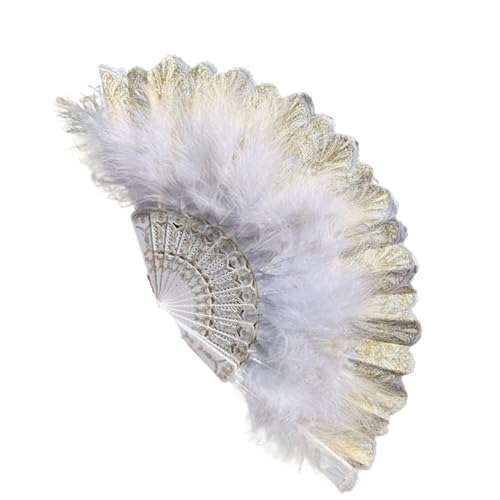 Vintage Faltfächer Feder Spitze Muster Handwerk Fans Tanzen Hand Fan Können DIY Federn Hause Ornamente Dekoration Für Kostüm Halloween Tanzshow Tee Party(WHITE) von WEQYFDC