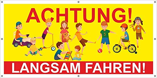 PVC Werbebanner Banner Plane Hinweis Achtung Langsam fahren Spielende Kinder von WERBEPUNKT.