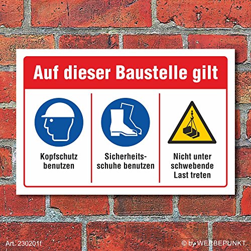 Schild Baustelle Kopfschutz Sicherheitsschuhe schwebende Last 3 mm Alu-Verbund 450 x 300 mm von WERBEPUNKT.