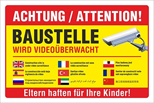 Schild Baustelle Videoüberwachung mehrsprachig Warnschild 3 mm Alu-Verbund 300 x 200 mm von WERBEPUNKT.