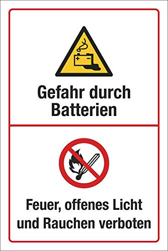 Schild Gefahr durch Batterie Feuer Licht Rauchen verboten 3 mm Alu-Verbund 300 x 200 mm von WERBEPUNKT.