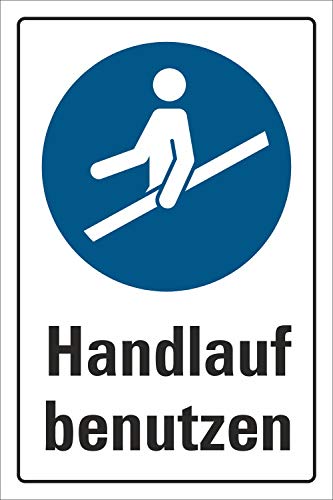 Schild Handlauf benutzen, DIN ISO 7010, 3 mm Alu-Verbund 450 x 300 mm von WERBEPUNKT.