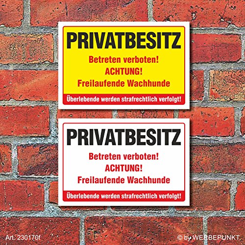 WERBEPUNKT. Schild Privatbesitz Betreten verboten Freilaufender Hund Gelb 3 mm Alu-Verbund 300 x 200 mm von WERBEPUNKT.