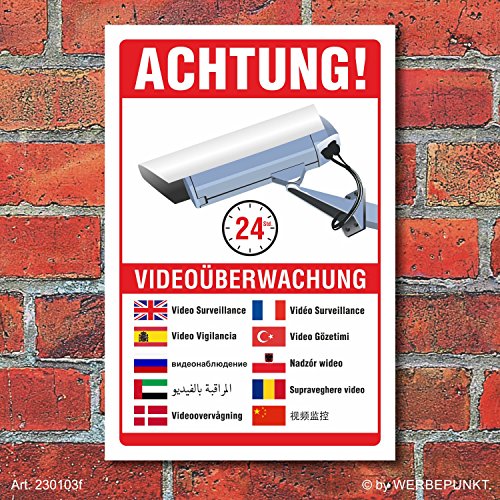 Schild Videoüberwachung Warnschild Hinweisschild 10 Sprachen 3 mm Alu-Verbund 600 x 400 mm von Werbepunkt.
