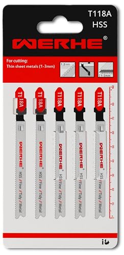 WERHE® Stichsägeblatt T118A 5er-Set – Präzises Schneiden von Dünnblech (1-3 mm) – HSS-Metallsägeblatt mit T-Schaft, Langlebig & Vielseitig von WERHE