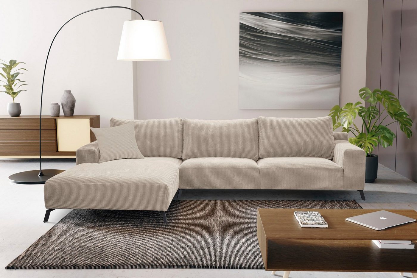 WERK2 Ecksofa Faro, XXL Design Ecksofa mit hohem Komfort in trendigem Cord & Samtvelours von WERK2