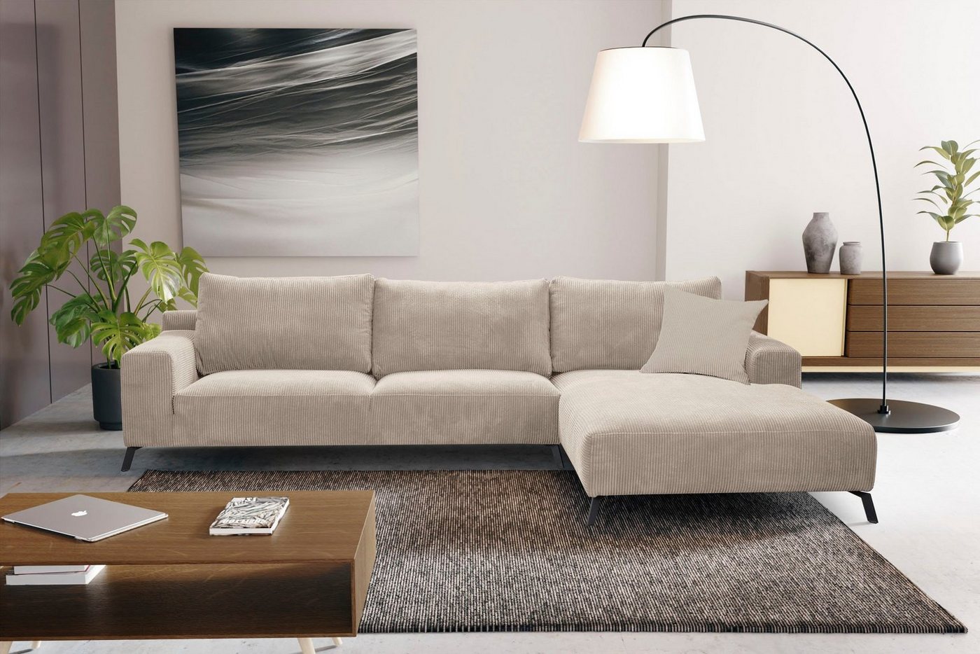 WERK2 Ecksofa Faro, XXL Design Ecksofa mit hohem Komfort in trendigem Cord & Samtvelours von WERK2