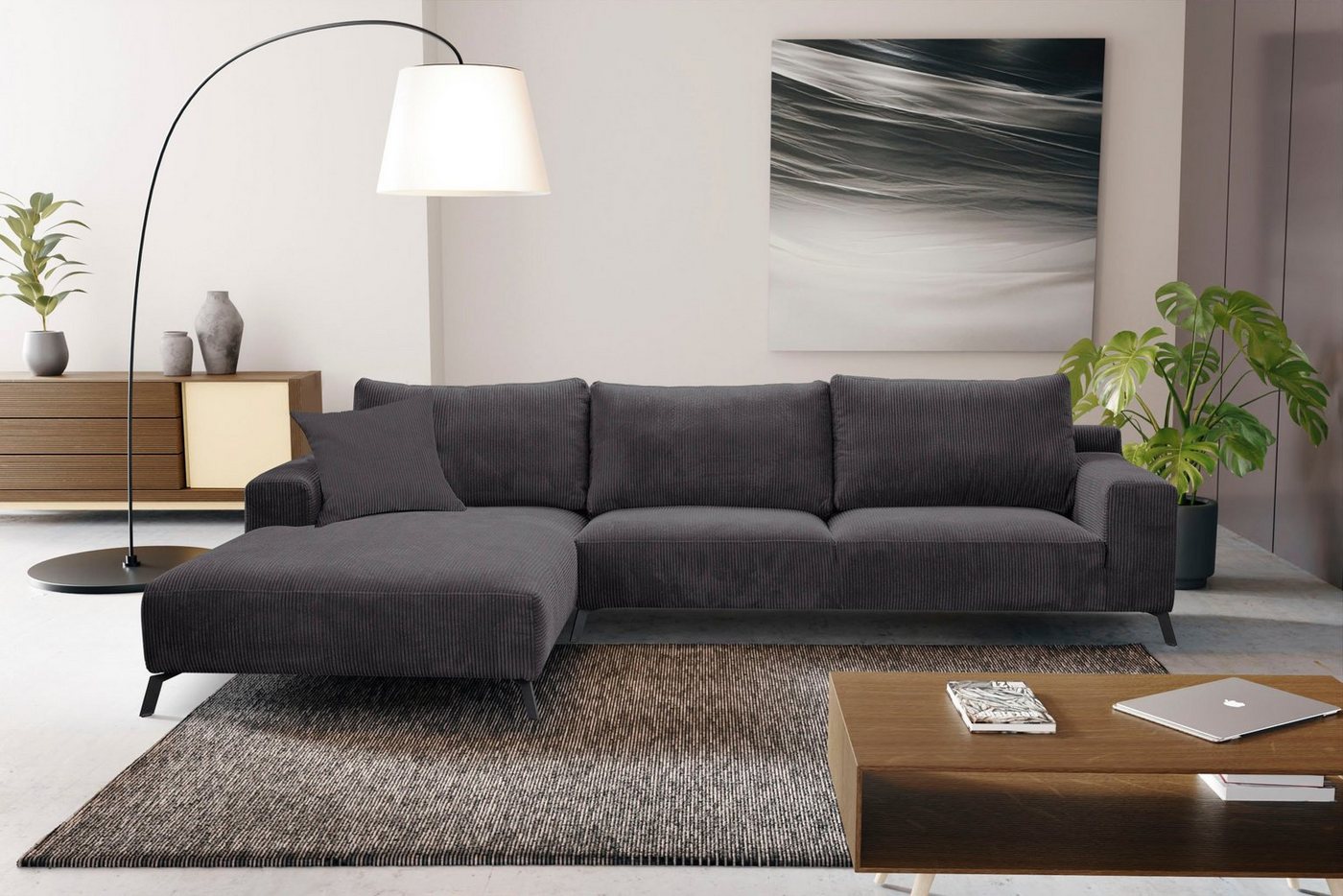 WERK2 Ecksofa Faro, XXL Design Ecksofa mit hohem Komfort in trendigem Cord & Samtvelours von WERK2