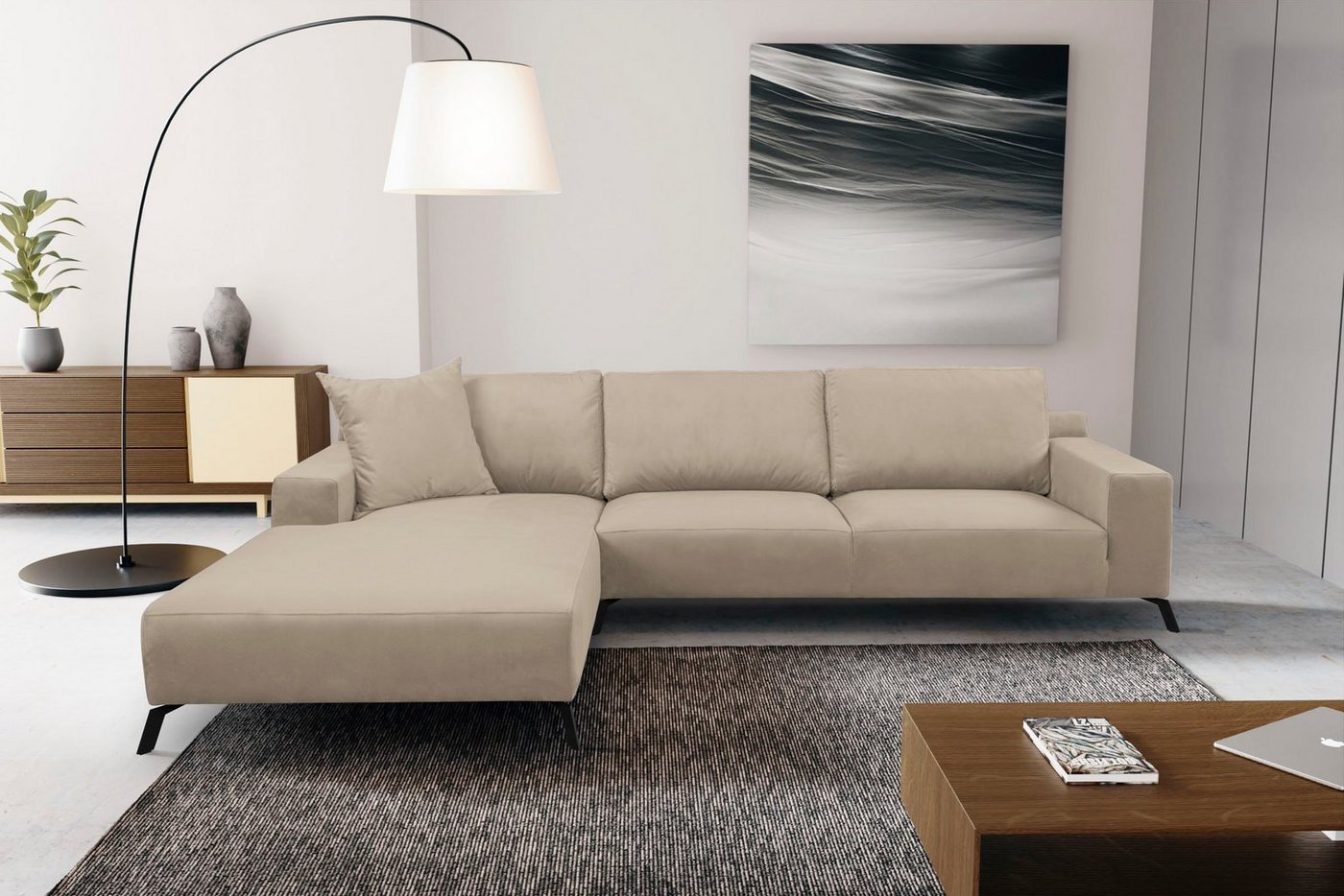 WERK2 Ecksofa Faro, XXL Design Ecksofa mit hohem Komfort in trendigem Cord & Samtvelours von WERK2