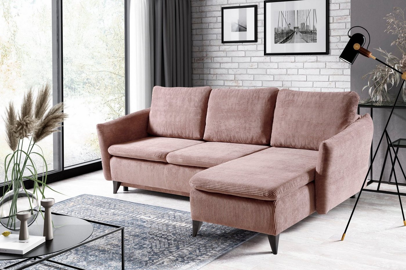 WERK2 Ecksofa Loppo, Cord-Schlafcouch mit losen Rückenkissen, Sofa mit Schlaffunktion von WERK2