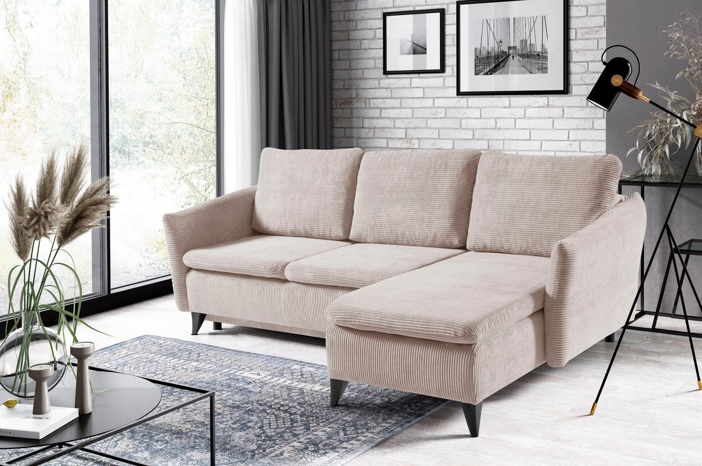 WERK2 Ecksofa Loppo L-Form, Cord-Schlafcouch mit losen Rückenkissen, Sofa mit Schlaffunktion von WERK2