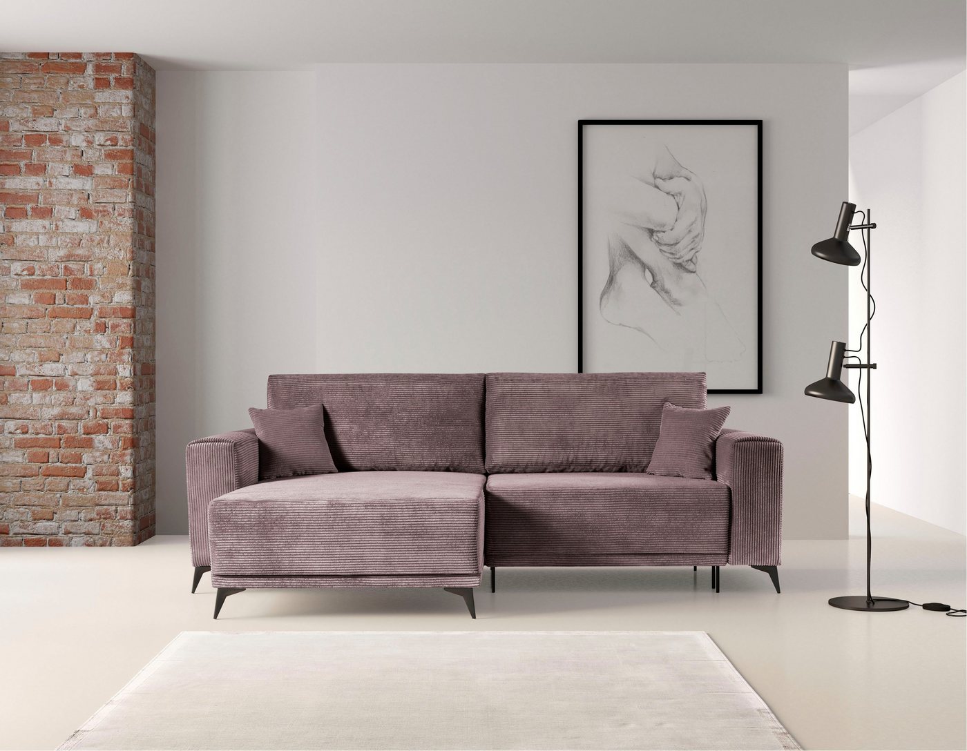 WERK2 Ecksofa Scandic L-Form, Moderne Eckcouch in Cord, Sofa mit Schlaffunktion & Bettkasten von WERK2