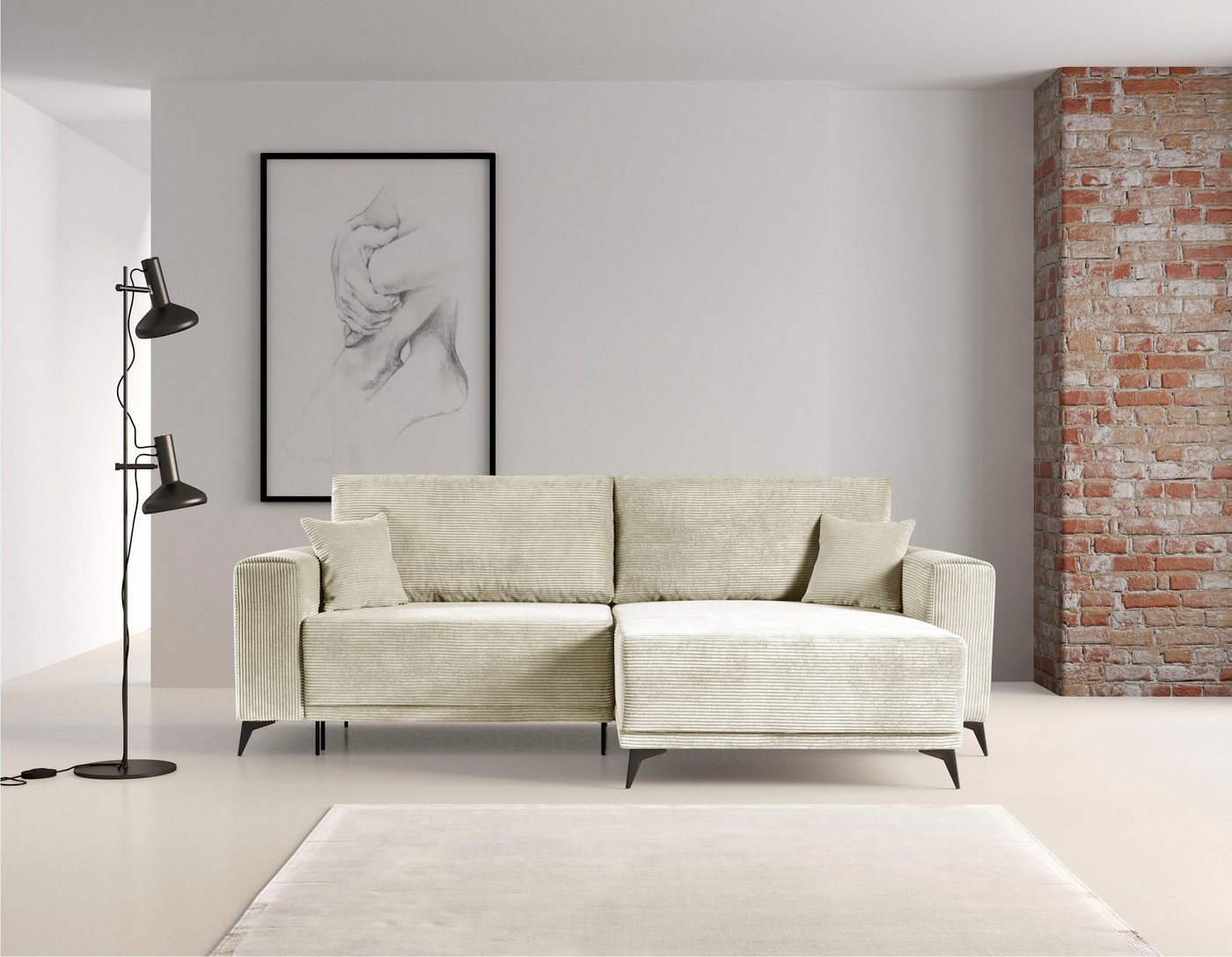 WERK2 Ecksofa Scandic L-Form, Moderne Eckcouch in Cord, Sofa mit Schlaffunktion & Bettkasten von WERK2