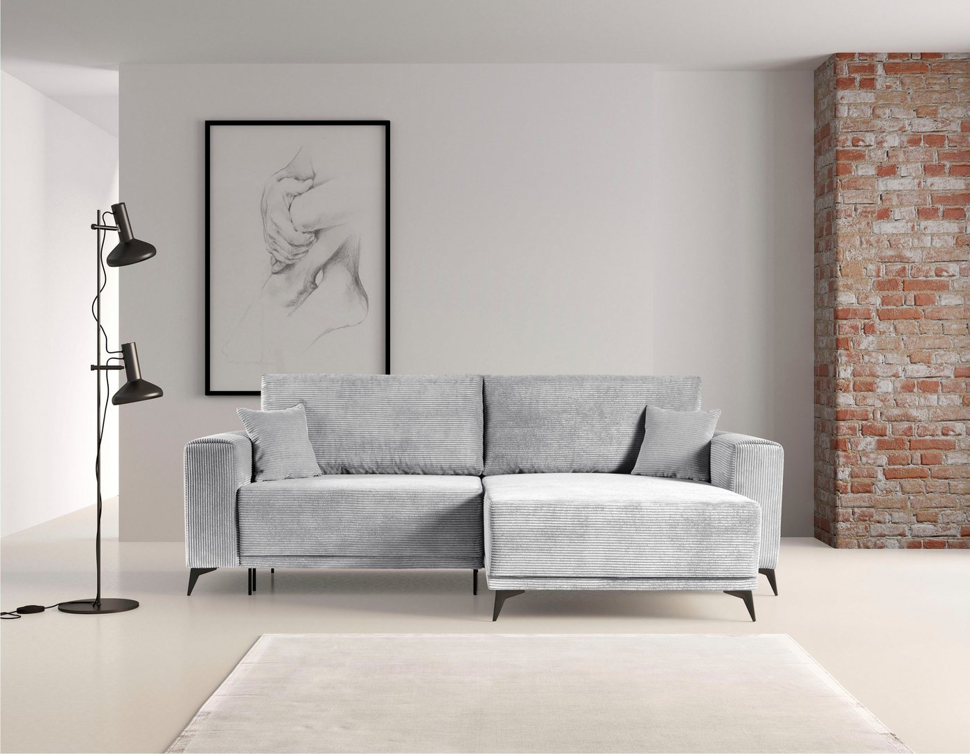 WERK2 Ecksofa Scandic, Moderne Eckcouch in Cord, Sofa mit Schlaffunktion & Bettkasten von WERK2