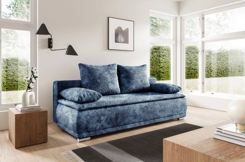 WERK2 Schlafsofa Biggi komfortabel & elegant, Schlaffunktion, Bettkasten, Breite 206 cm, inkl. losen Kissen, Bouclé APHRODITE, Nachtblau von WERK2