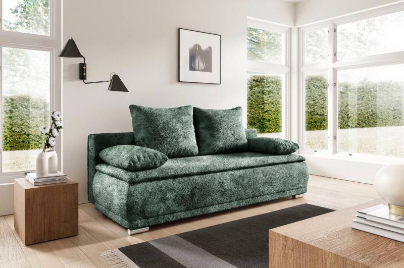 WERK2 Schlafsofa Biggi komfortabel & elegant, Schlaffunktion, Bettkasten, Breite 206 cm, inkl. losen Kissen, Bouclé APHRODITE, Grün von WERK2