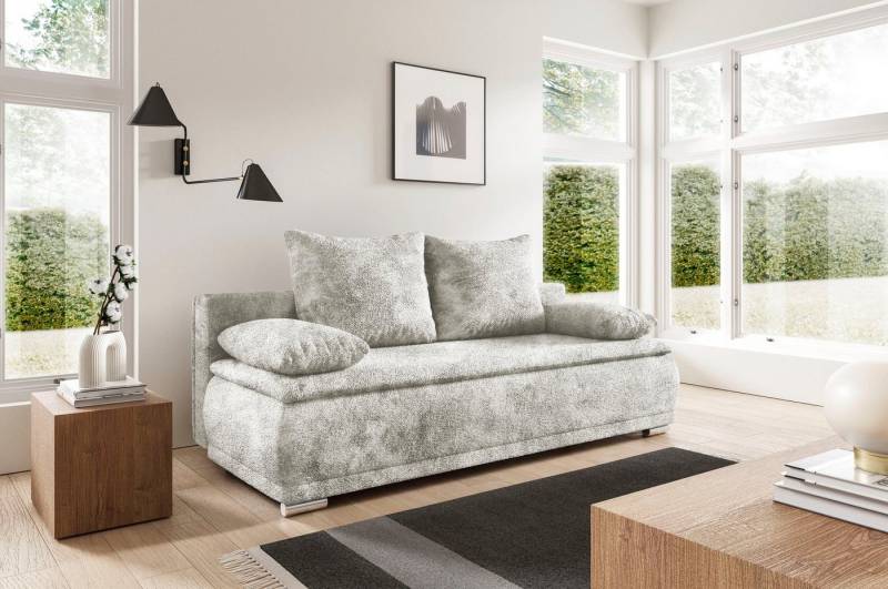 WERK2 Schlafsofa Biggi komfortabel & elegant, Schlaffunktion, Bettkasten, Breite 206 cm, inkl. losen Kissen, Bouclé APHRODITE, Silber von WERK2