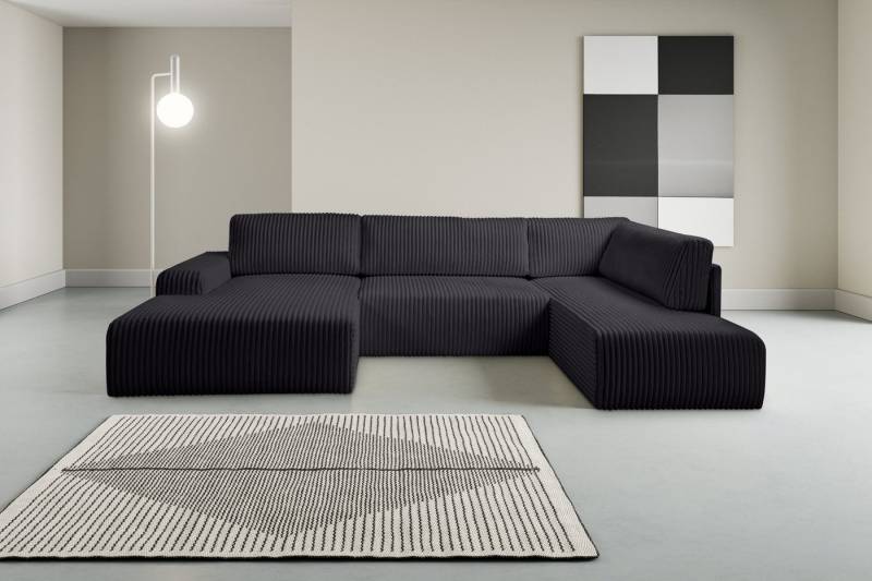 WERK2 Wohnlandschaft Rotterdam-U, U-Form, in kuschelweichem Cord oder Breitcord, Design Sofa mit Schlaffunktion & Bettkasten, Breitcord, Schwarz von WERK2