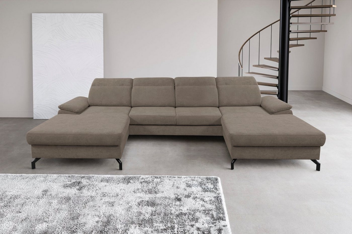WERK2 Wohnlandschaft Slavio, Modernes U-Sofa mit Schlaffunktion, Bettkasten, Kopfteile verstellbar von WERK2