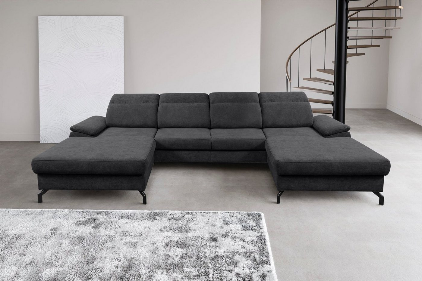 WERK2 Wohnlandschaft Slavio U-Form, Modernes U-Sofa mit Schlaffunktion, Bettkasten, Kopfteile verstellbar von WERK2