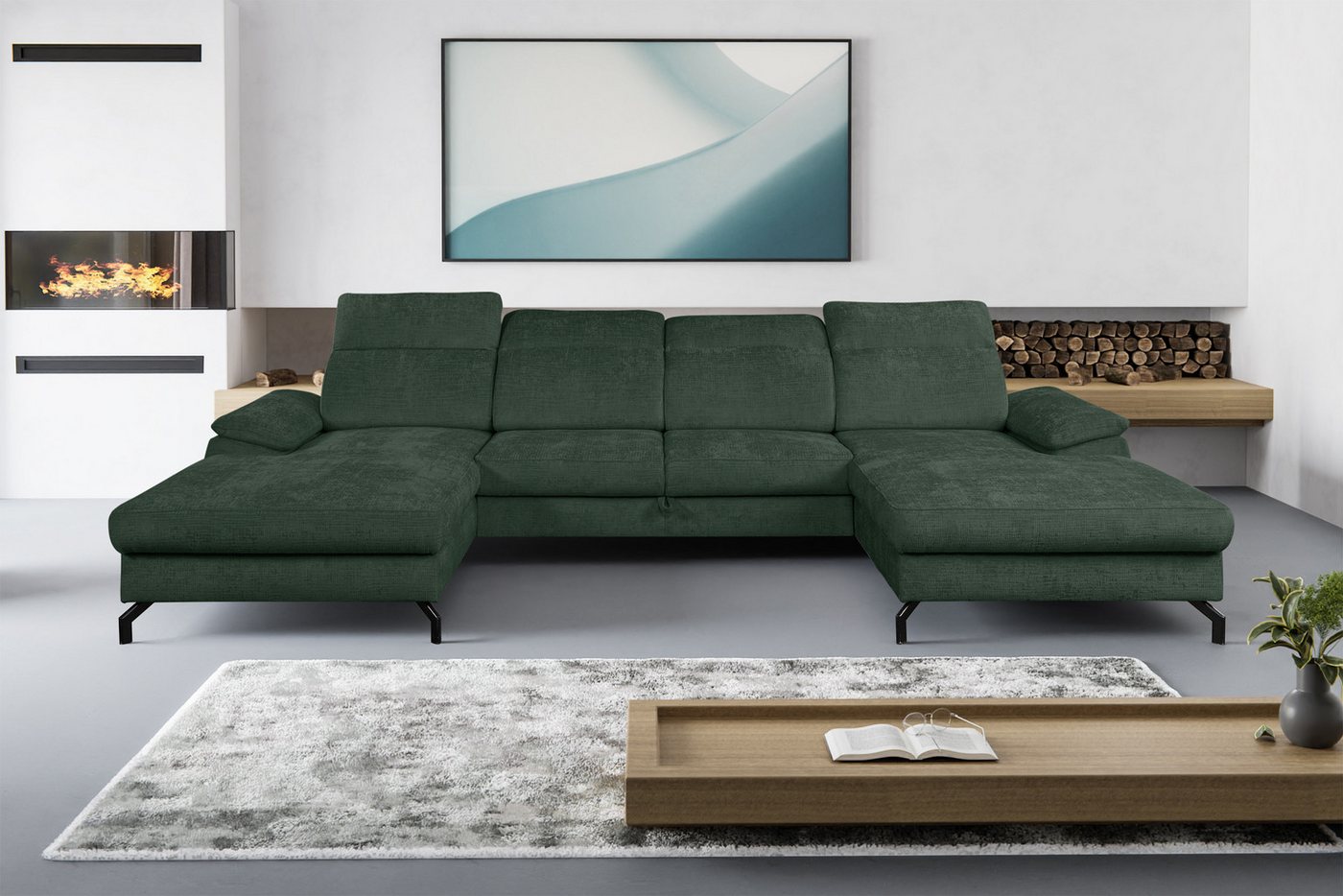 WERK2 Wohnlandschaft Slavio, Modernes U-Sofa mit Schlaffunktion, Bettkasten, Kopfteile verstellbar von WERK2