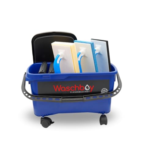 Werkfit Profi Fliesen-Waschset – Profi Waschboy 22 Liter Blau mit Noppenrollen, Ausdrücksieb, Rädersatz & Reibebrettern mit Softgriff – Fliesenreiniger Set für Wand- & Bodenfliesen (Waschset) von WERKFIT QUALITÄT DIE ÜBERZEUGT