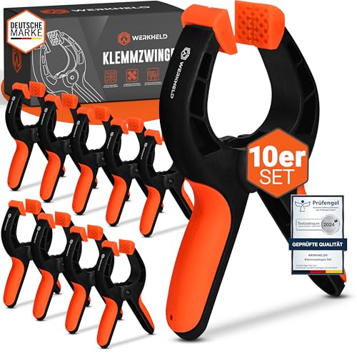 WERKHELD® Klemmzwingen Set [10 Klemmen] - bruchsichere & rotierbare Federklemmen aus Nylon mit Carbonfeder und gummierten Griffen - Klammern mit großer Spannweite [7 cm] & Spannkraft [13 kg] von WERKHELD
