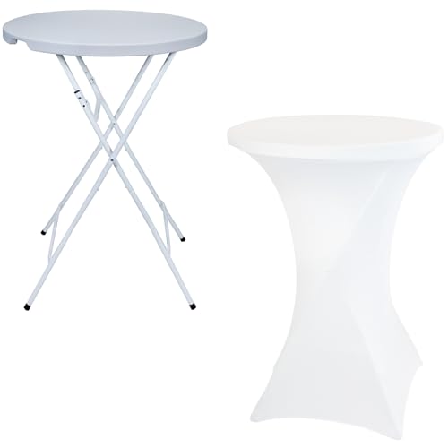 Stehtisch Tisch Partytisch Klappbar Gartentisch Bartisch Cocktail Bistrotisch Hochzeit Empfangstisch In- & Outdoor Innen- und Außenbereich Büffet Rund weiß Ø 80 cm + Husse Stehtischhusse Stretchhusse von WERKSTAR