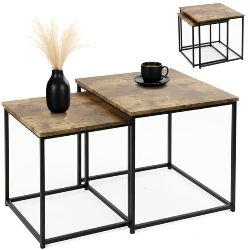WERKSTAR 2er Set Couchtischset Satztisch Couchtisch Beistelltisch Sofatisch Wohnzimmertisch Eiche Loft Design Modern Design Boho Kaffeetisch mit Stahlgestell von WERKSTAR
