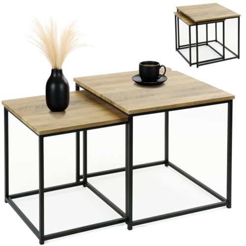 WERKSTAR 2er Set Couchtischset Satztisch Couchtisch Beistelltisch Sofatisch Wohnzimmertisch Eiche Loft Design Modern Design Boho Kaffeetisch mit Stahlgestell von WERKSTAR