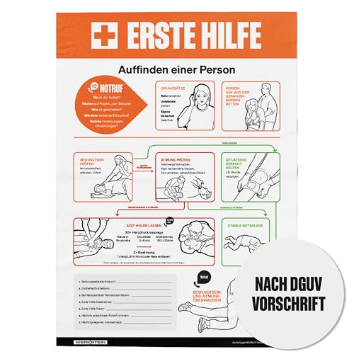 Erste Hilfe Plakat 277 x 420 mm - Neuester Stand 2023 nach DGUV Vorschrift - Klare Anleitungen für Notfälle - Erste Hilfe Schild aus festem Papier für effektive Erste-Hilfe-Maßnahmen 27,7 x 42 cm von WERKSTEIN