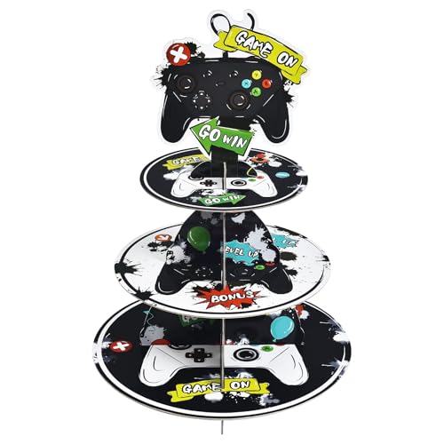 WERNNSAI Videospiel Cupcake Ständer - Spiel Kuchen Deko Junge Kinder Geburtstag 3-stöckig Karton Tortenständer Gaming Geburtstagsparty Kuchenständer Dekoration Rund Dessertteller Schwarz von WERNNSAI