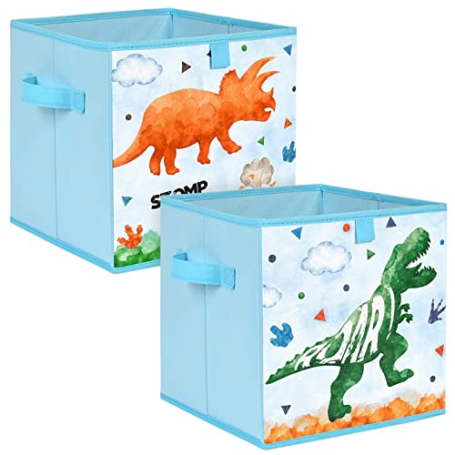 Dinosaurier Aufbewahrungsbox - 2er Pack Faltbare Aufbewahrungswürfel aus Stoff Organizer für Kinder Blaue Dekorative Aufbewahrungskörbe mit Griffen 28 cm Heimschrank Kinderzimmer Schlafzimmer von WERNNSAI