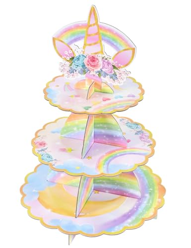 Einhorn-Cupcake-Ständer – Einhorn-Geburtstagsparty-Dekorationen für Mädchen und Kinder, 3-stöckig, Papp-Cupcake-Ständer, Dessertturm-Halter, runder Serviertablett, Ständer, Einhorn-Thema, Babyparty, von WERNNSAI