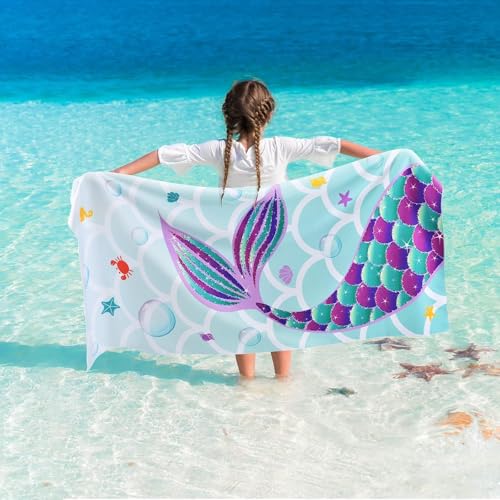 WERNNSAI Meerjungfrau Strandtuch für Kinder, 76 X 150 cm Sandfrei Handtücher Für Mädchen, Kinder Schnell Trocknend Badetuch,Ultra Saugfähig Superweich Stranddecke Pool Reisen Schwimmen Badetuch von WERNNSAI