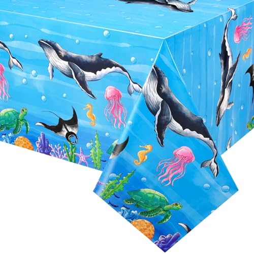 Ozean Party Tischdecke – 1 Packung 137,2 x 274,3 cm Ozean Geburtstagsparty Zubehör Kunststoff Rechteckig Einweg Wal Tischdecke für Kinder Schwimmen Ozean Meer Motto Geburtstagsparty Dekorationen von WERNNSAI