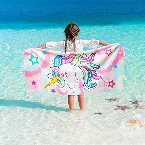 WERNNSAI Batikfarbenes Einhorn-Strandtuch für Kinder, 76 x 150 cm, Regenbogen-Badetücher für Mädchen, schnell trocknend, ultra-saugfähig, sandfrei, Stranddecke, Pool, Reisen, Schwimmen, Duschtuch von WERNNSAI