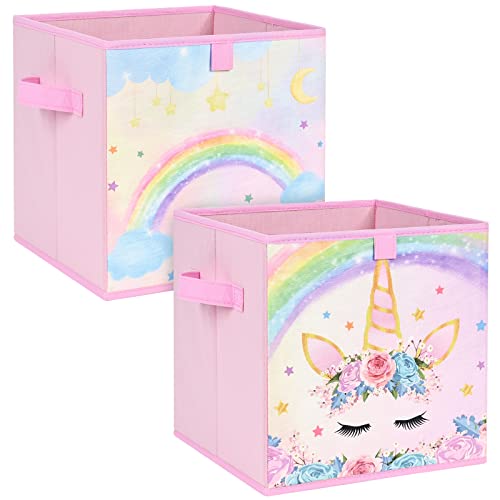 WERNNSAI Einhorn Aufbewahrungsbox – 2er Pack Faltbare Aufbewahrungswürfel aus Stoff für Mädchen und Kinder 28cm Rosa Dekorative Aufbewahrungskörbe mit Griffen Schrank Kinderzimmer Schlafzimmer von WERNNSAI