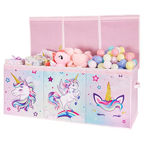 WERNNSAI Einhorn Spielzeugkiste - Groß Aufbewahrungsbox mit Deckel Kind Mädchen Spielzeugtruhe Faltbar Robust Rosa Spielzeugbox 96 x 32 x 40 cm Kleiderschrank Kinderzimmer Kindergarten Schlafzimmer von WERNNSAI