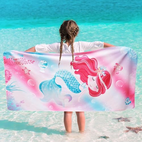 WERNNSAI Meerjungfrau Strandtuch Für Kinder, 76 X 150 cm Sandfrei Handtücher Für Mädchen, Kinder Schnell Trocknend Badetuch,Ultra Saugfähig Superweich Stranddecke Pool Reisen Schwimmen Duschtuch von WERNNSAI
