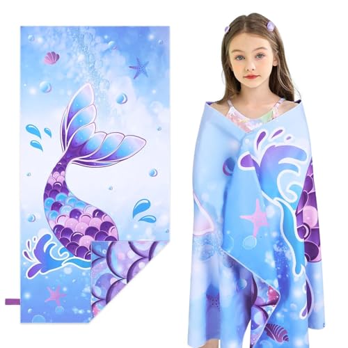 WERNNSAI Strandtuch für Mädche, Meerjungfrau Kinder Mikrofaser Badetuch 76 X 150 cm, Strandhandtuch zum Baden leicht und schnelltrocknend Superweich Saugfähig, Kinder Pool Reisen Schwimmen Duschtuch von WERNNSAI