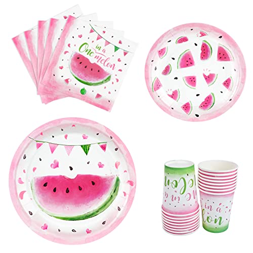 WERNNSAI Wassermelonen-Partygeschirr-Set – rosa Wassermelonen-Partyzubehör beinhaltet Einweg-Mittagessen, Servietten, Abendessen, Dessertteller, Pappbecher für Mädchen, Babyparty, für 16 Gäste von WERNNSAI