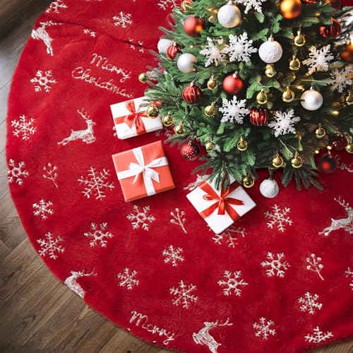 WERNNSAI Weihnachtsbaum Rock 122cm Weihnachtsbaumdecke mit Paillettenstickerei Weiche Weihnachtsbaummatte aus Kaninchenfell-Imitat für Weihnachtsdekorationen im Innen- und Außenbereich (Rot) von WERNNSAI
