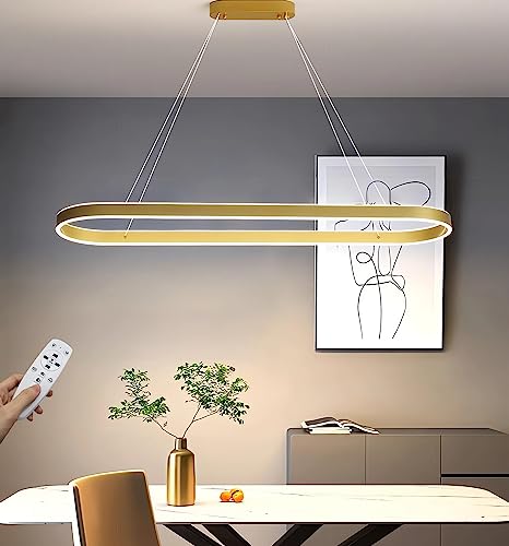 100cm Dimmbare LED Pendelleuchte Gold Moderne Esstisch Hängeleuchte 88W Oval Kronleuchter mit Fernbedienung höhenverstellbar Hänge lampe für büro esszimmer Arbeitszimmer Wohnzimmer Küche leuchte von WERSVG