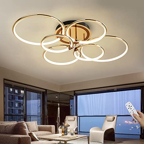 Deckenleuchte LED Lampen Deckenlampen Gold Modern Dimmbar Ring Design Wohnzimmer lampe mit Fernbedienung, Aluminium Led Beleuchtung für Wohnzimmer Schlafzimmer Küche Esszimmer Büro 6 Ring,144W,110cm von WERSVG