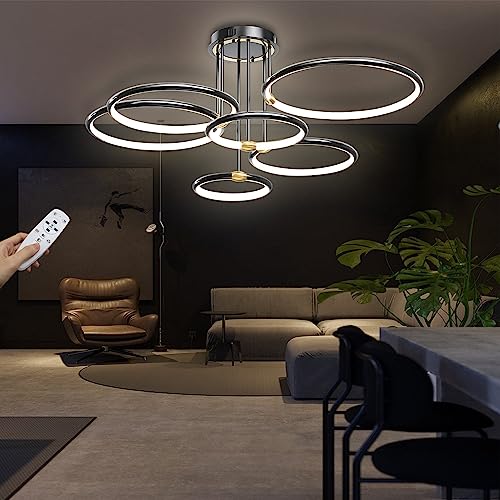 100cm Modern LED Deckenleuchte 105W 8900lm Dimmbar Deckenlampe 6 Ring Wohnzimmerlampe Ringsform Schwarz Schlafzimmerlampe mit Fernbedienung Led Beleuchtung für Wohnzimmer Schlafzimmer Küche Esszimmer von WERSVG