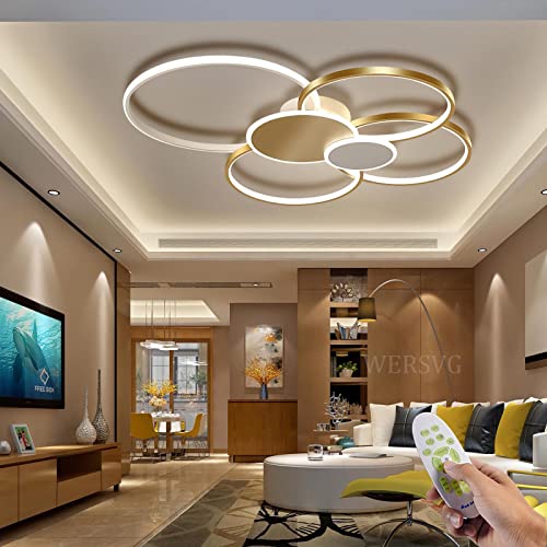 WERSVG L80cm Modern LED Deckenleuchte Wohnzimmer Deckenlampe gold 6-Ring Deckenleuchte 70W 5600LM Dimmbar 3500K - 6500KMit Fernbedienung flurlampe decke, für Wohnzimmer Schlafzimmer Küche Esszimmer von WERSVG
