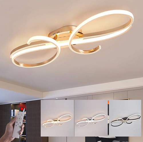 LED Deckenleuchte Dimmbar Deckenlampe Modern Wohnzimmer lampe, mit Memory Funktion,mit Fernbedienung Lichtfarbe Helligkeit Farbwechsel für Wohnzimmer Schlafzimmer Küche Esszimmer (Gold, L60cm,50W) von WERSVG