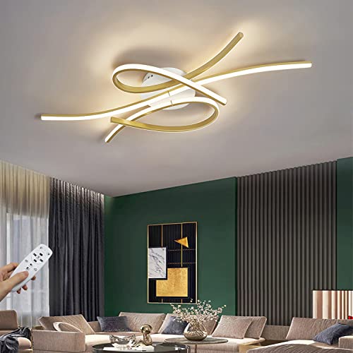 Moderne LED Deckenleuchte Gold Wohnzimmerlampe Dimmbar Schlafzimmerlampe mit Fernbedienung Chic Mode Design aus Metall Deckenlampe für Schlafzimmer, Küche Wohnzimmer, Esszimmer, 68Watt, L100cm (Gold) von WERSVG